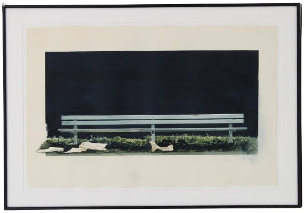 Marianne Boers (1945-1984) American, Watercolor: Marianne Boers (1945-1984) American, Watercolor. Titled 'Park Bench and Newspapers'. 1972 watercolor. Signed and dated in the lower right. Label from John Berggruen Gallery in San Francisco, Californi