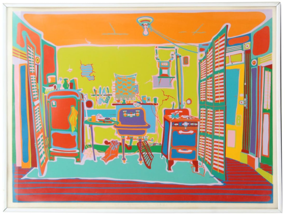 Clayton Pond (B 1941) USA, Serigraph: Clayton Pond (B 1941) USA, Serigraph. Titled "Rent Controlled Kitchen". 1974. Numbered 74/110. Numbered, signed, and titled in pencil along the bottom. Large and colorful serigraph on paper depicting 