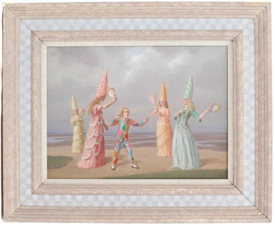 Claude William Harrison (1922-2009) British, O/P: Claude William Harrison (1922-2009) British, Oil on panel. Playing a Game with Harlequin. Signed and dated '92 in the lower right and on the back. In the original frame with the artists label. Claude