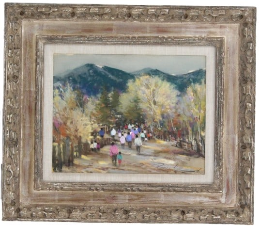 Ramon Kelley (B 1939) American, Watercolor: Ramon Kelley (B 1939) American, Watercolor. Depicting multiple figures walking towards trees and mountains in the background. Signed Ramon K in the lower right. Titled "A La Fiesta" on the back. Ramon