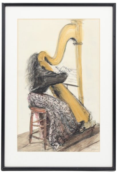 Pastel Painting of a Woman Playing a Harp: Pastel Painting of a Woman Playing a Harp. Signed 80's in the lower right. Overall Size: 27 5/8 x 18 3/4 in. Sight Size: 21 3/4 x 13 3/4 in. #5233