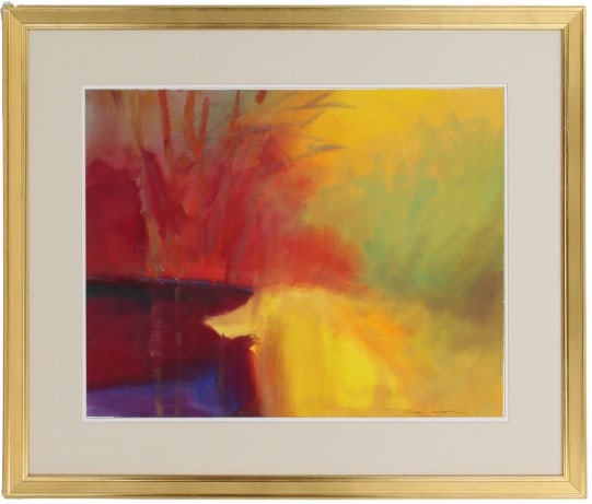 William B. Lawrence (B 1943) USA, Watercolor: William B. Lawrence (B 1943) USA, Watercolor. Signed in lower right. Abstract colorful painting. Half reds and half yellows. Faint signs of tall grass on the left. Overall Size: 29 1/2 x 34 3/4 in. Si