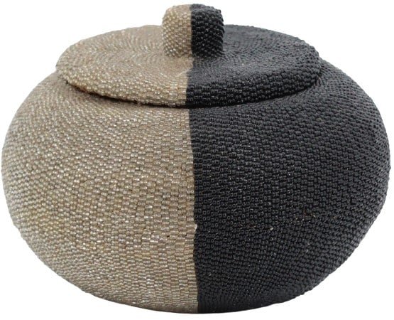 Beaded Basket with Lid: Beaded Basket with Lid. Size: 6 7/8 x 6 3/4 x 5 5/8 in. #1647