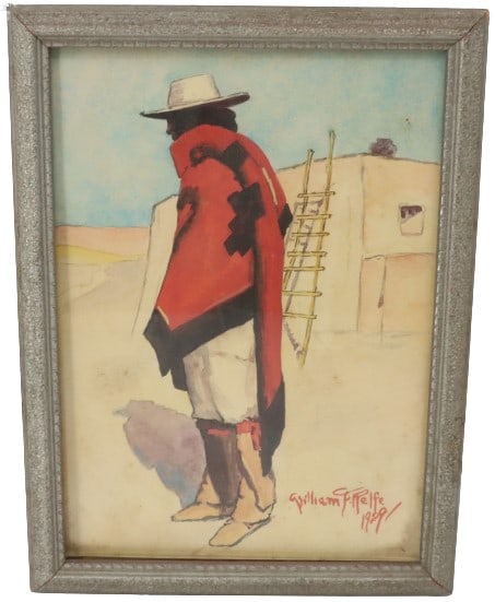 William Relfe (20th C) American, Watercolor: William Relfe (20th Century) American, Watercolor. Titled 'A Cochiti Chief'. Signed and dated 1929 in the lwoer right. After the Ferdnand Bargdorff painting of 1908. Relfe studied at art schools in So