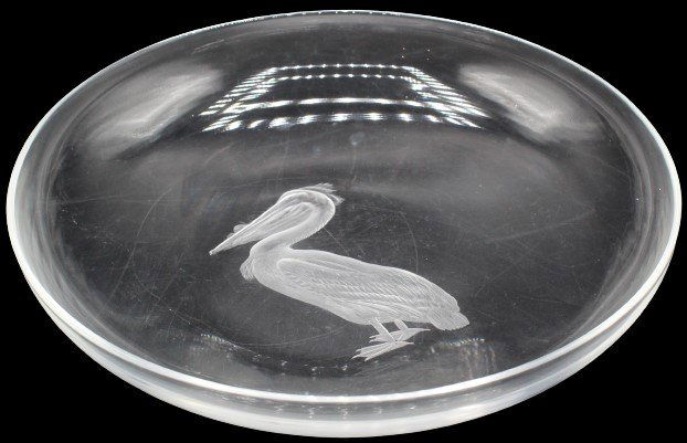 Steuben Glass Shallow Bowl with Pelican: Steuben Glass Shallow Bowl with Pelican. Shown in the Steuben book. Size: 11 1/8 x 11 1/8 x 2 1/2 in. #1968