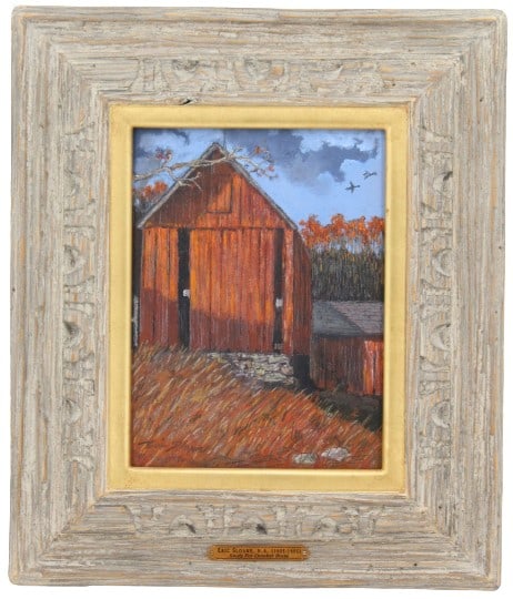 Eric Sloane (1905-1985) USA, Oil on Masonite: Eric Sloane (1905-1985) American, Oil on Masonite. Signed in the lower left. Depicting a barn. Titled "Study for October Blaze". Name plate with title on the front. Label on the back from Michael Wigl