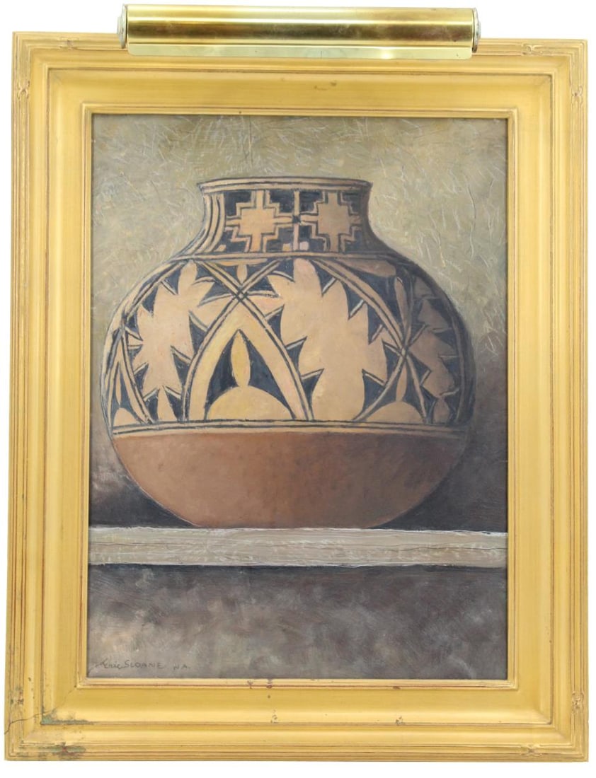 Eric Sloane (1905-1985) USA, Oil on Masonite: Eric Sloane (1905-1985) American, Oil on Masonite. Signed in lower left and on back. Titled "Cochiti"Oil on masonite painting of a brown pot on a shelf. Black designs painted on the pot. Based on coch