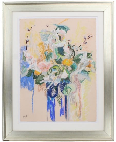 Mary Abbott (1921 - 2019) American, Pastel/Paper: Mary Abbott (1921 - 2019) American, Pastel/Paper. Titled "Untitled (Flowers). C.1950. Signed lower left. Colorful bouquet of flowers on cream colored paper. Pastel on paper artwork. Overall Size: 41 x
