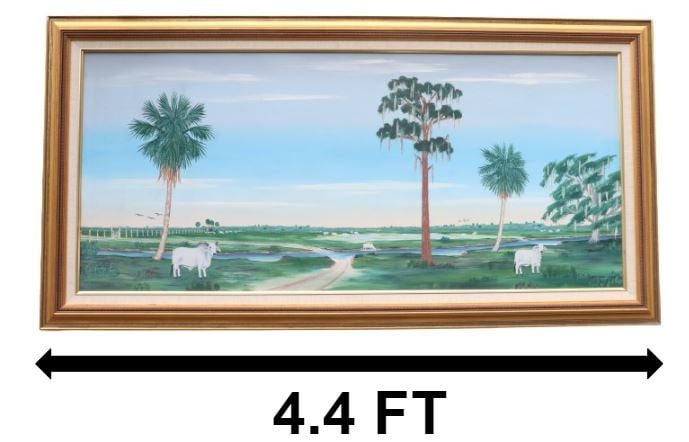 C.H. Alderman (1902-1977) FL Highwaymen, O/M: C.H. Alderman (1902-1977) FL Highwaymen, Oil on Masonite. Depicting a Florida landscape with cows (brahman bulls). Signed in the lower rightOverall Size: 26 1/2 x 52 1/2 in. Sight Size: 20 x 46 in. So