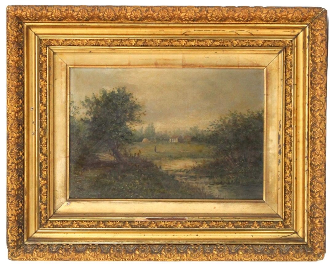 American Hudson River School O/C Gilt Frame Signed: American Hudson River School O/C Gilt Frame Signed. Untouched. Un-cleaned Condition. Original Frame / Stretcher. Overall Size: 16 1/2 x 20 1/2 x 2 3/4 in. Sight Size: 8 1/2 x 12 3/4 in. #5121