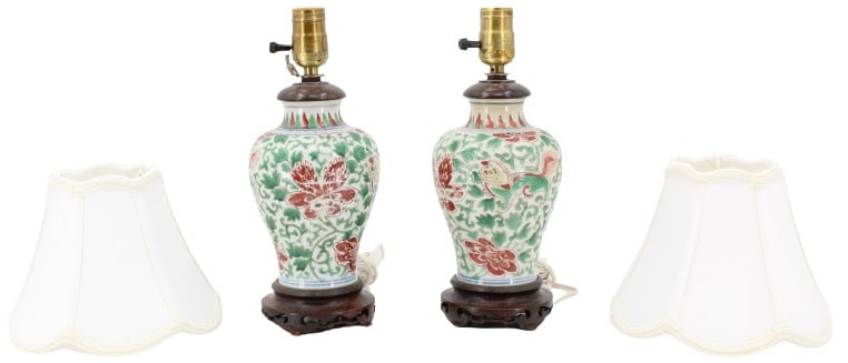 Pair of Chinese Floral and Dragon Porcelain Lamps: Pair of Chinese Floral and Dragon Porcelain LampsSize: 4 1/2 x 4 1/2 x 12 in. Lamp without shade. 8 x 8 x 6 in. Shade. #1959