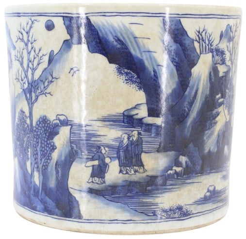 Chinese Blue and White Brush Pot: Chinese Blue and White Brush Pot. Minor crazing to the side. Signed on underside. Size: 7 1/2 x 7 1/4 x 6 5/8 in. #1399 #21102