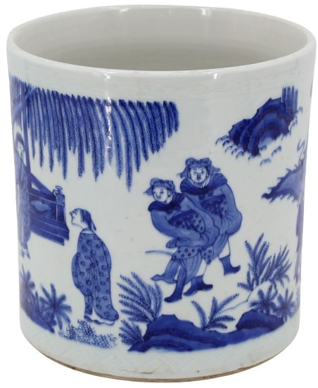 Chinese Blue and White Brush Pot: Chinese Blue and White Brush PotSize: 7 1/2 x 7 3/8 x 7 5/8 in. #1400 #21136