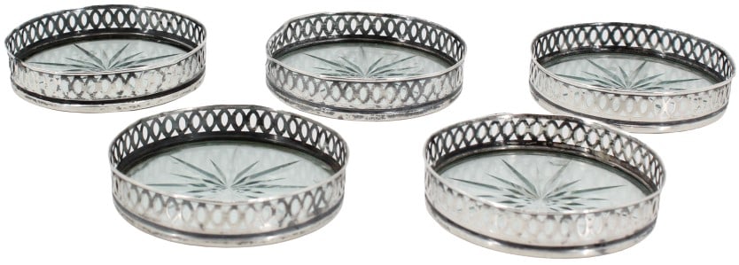 Set of (5) Reticulated Sterling & Crystal Coasters: Set of five antique, reticulated sterling & crystal coasters.Size: 3 1/8 x 3 1/8 x 5/8 in. #1304