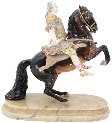 Impressive Meissen 19C Porcelain of Augustus III: Meissen 19 century porcelain of Augustus III. The two most delicate pieces, the scroll and sword, both in excellent condition. Mounted on a marble base. Tail has a crack. Size: 18 1/2 x 11 x 19 1/4 in