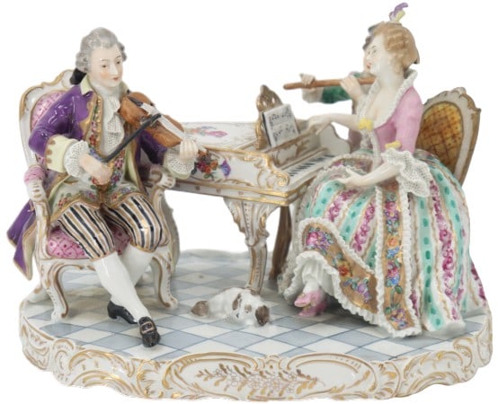 Royal Vienna Painted Porcelain Scene Of Musicians: Austrian Painted porcelain scene of musicians. Mark on underside Royal Vienna Beehive or Shield Mark. Three figures in rococo style clothing. Man in purple coat sitting in gold trim chair playing the 