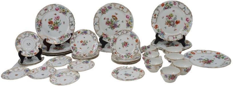 Set of (35) Victoria Czech Porcelain Dinnerware: 10 large plates, 18 smaller plates, 7 cups. Marked on underside. Size: 10 in. Largest plate diameter. #4306
