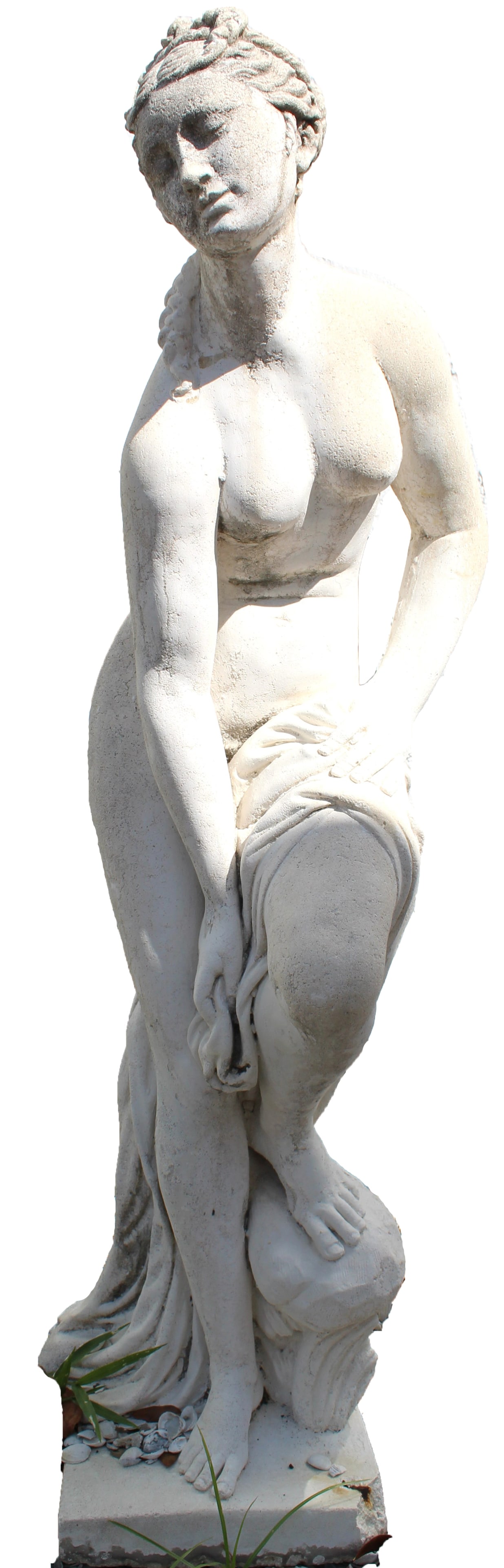 Concrete Sculpture Of Bathing Woman: Concrete Sculpture Of Bathing Woman Similar in style to the Goddess Venus "The Bather" after Christopher Gabriel Allegrain. Woman is looking up. Hair up in multiple braids. Intricate detail on hair an