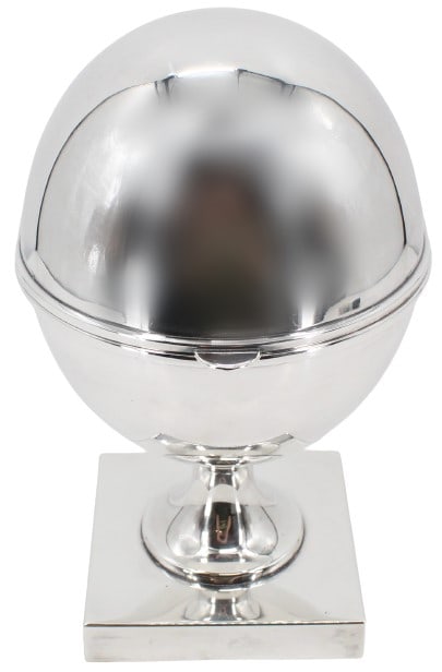 St. James (Brazil) Silver Caviar Server: St. James Brazilian silver plated caviar server. Egg shaped caviar server with square attached base and lid to open and close with glass removable bowl inserted in the center. Marked "St. James Made i