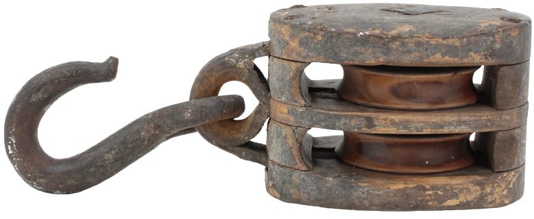 Antique Nautical Block & Tackle Wooden Pulley: Antique nautical block & tackle wooden pulley.Size: 12 1/2 x 4 1/4 x 4 5/8 in. #1233