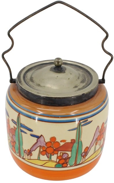 Hand Painted Ceramic Ice Bucket: Hand Painted Ceramic Ice Bucket with brass handle and lid. Stamped on the bottom, Fantasque by Clarice Cliff, Wilkinson Ltd, England. C7 etched into the bottom. Size: 5 1/2 x 5 1/2 x 6 in. Handle down