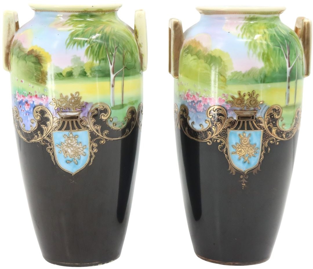 Antique Japanese Nippon Landscape Vases: Antique Japanese Nippon Landscape VasesSize: 4 1/2 x 3 3/4 x 8 in. #4449