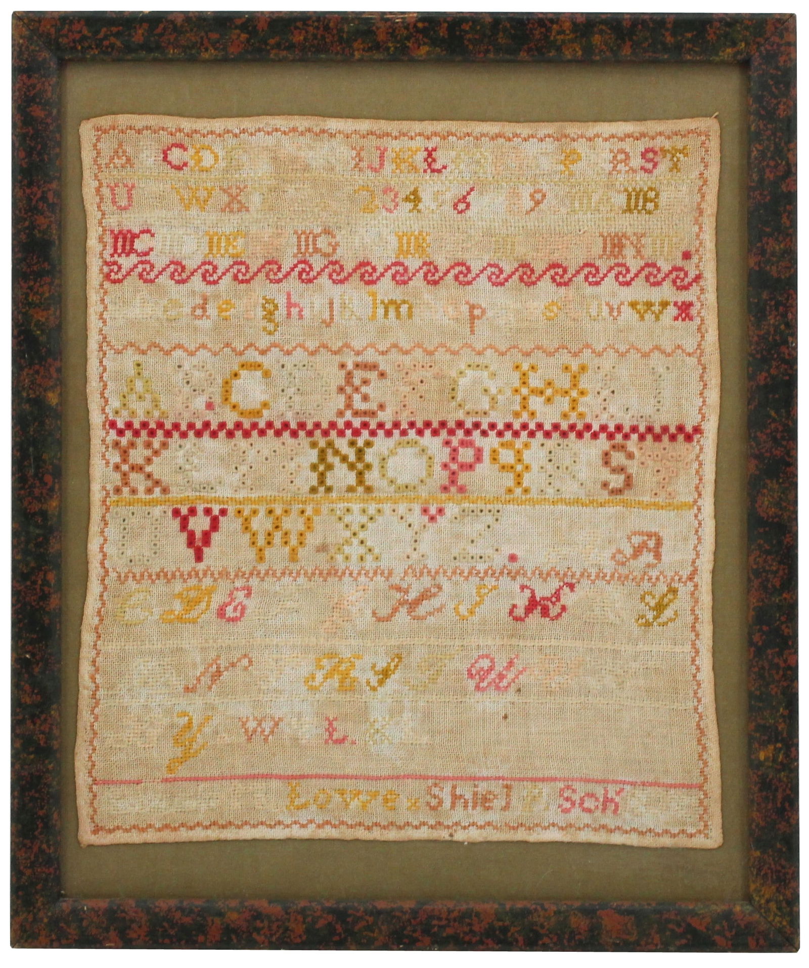 Early American Alphabet Sampler: Early American Alphabet Sampler. Overall Size: 19 x 16 in. Sight Size: 14 1/2 x 12 1/2 in. #1533