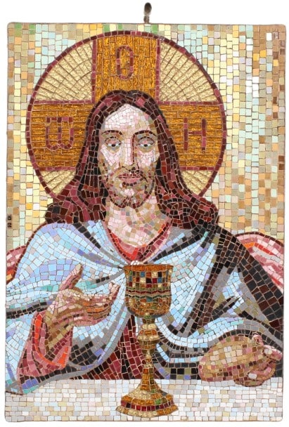 Fine Mosaic Plaque, Christ with Chalice: A Fine Mosaic Plaque, Christ with Chalice. Probably Vatican Workshop. Signed. Letters FOCK on the left. Size: 23 1/2 x 16 1/2 (24 3/4 x 16 1/2 with top piece) in. 1 3/4 inches thick. #1543