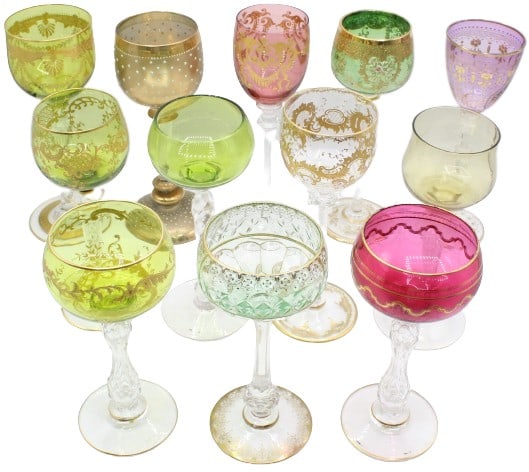 Collection of (12) Harlequin Glass Goblets: Collection of (12) Harlequin Glass Goblets. Variety of Glasses with Enameling, Coloring, Gilt Linings. Commensurate with age. Size: 2 3/8 x 2 3/8 x 8 in. Largest. #1182