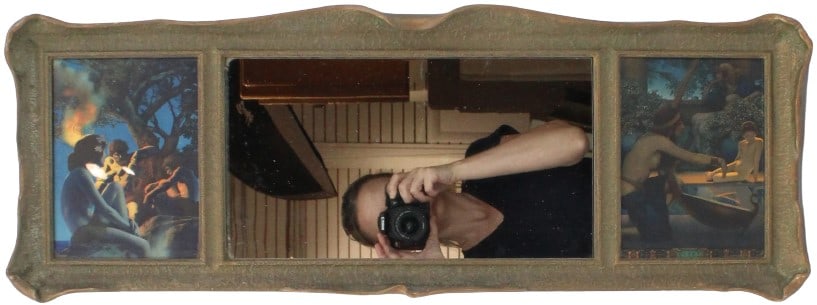 Maxfield Parrish Lithographs on Mirror: Maxfield Parrish Lithographs on Mirror. "Egypt" and "Primitive Man". For 1921 & 1922 Edison Mazda Calendar. Overall Size: 10 3/4 x 30 in. Size of Mirror: 7 1/4 x 13 1/2 in. Size of Art: 7 1/4 x 5 1/4