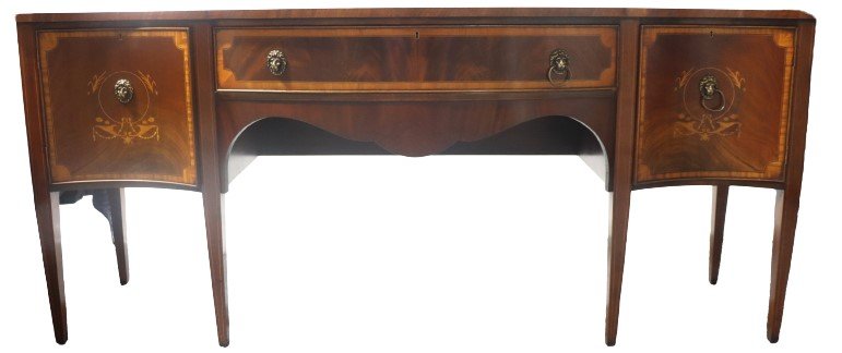 Mahogany Hepplewhite Inlaid Sideboard: Mahogany Hepplewhite Inlaid Sideboard. Serpentine shaped front. Satin banding top. Two of the lion heads missing the drawer handle. Size: 84 x 22 x 36 1/2 in.
