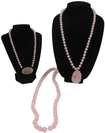 (3) Rose Quartz Necklaces, 2 with Carved Pendants (1 of 19)