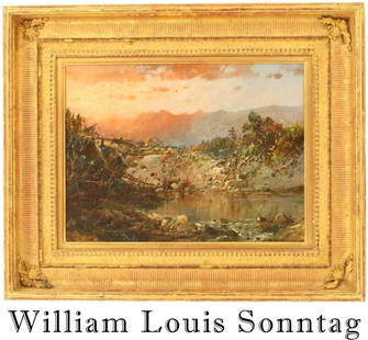 William Louis Sonntag (1822-1900) American, O/B: William Louis Sonntag (1822-1900) American, Oil on Board. Titled 'Sunset, Presidential Range Near Pinkham Notch'. Signed in the lower left. Vose Gallery label verso. There is a Vose Galleries of Bosto