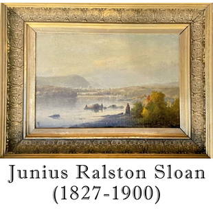 Junius Ralston Sloan (1827-1900) American, O/C: Junius Ralston Sloan (1827-1900) American, Oil on Canvas Mounted on Board. Luminous Hudson River Painting. 'The Hudson and Kickout Mt. From Hyde Park, 1871'. Signed, titled, and dated lower center.