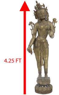 51" Indian / Nepal Bronze Tara on Lotus Flower: Indian / Nepal Bronze Tara on Lotus Flower. Size: 51 x 16 in. #7015