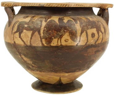 Ancient Greek Column Krater: Ancient Greek Column Krater. Black figure terracotta wine vessel. Museum inventory number on base. Ex Collection: Fine Arts Museum of San Francisco. Size: 14 1/2 x 15 x 11 1/2 in. #1085