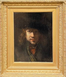 Old Master Painting, Rembrandt School: Old Master Painting, Rembrandt School. Christies P Stamp in black ink (within a rectangle) on upper stretcher verso. Overall Size: 26 3/4 x 23 in. Sight Size: 17 5/8 x 13 3/4 in. Thickness: 3 1/2 in.