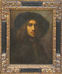 Old Master Painting, Rembrandt School, O/C: Old Master Painting, Rembrandt School, Oil on Canvas. Portrait of a young man wearing a large black hat. Known as portrait of Titus. Oil on Canvas. Retains label on verso from the Minneaplois