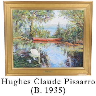 Hughes Claude Pissarro (B. 1935) O/C Impressionist: Hughes Claude Pissarro (B. 1935) O/C Impressionist "Workshop in Ireland. "Atelier end Irlande". Image of a small pond with a swan and small wooden boat. Signed Bottom Left. Original Retail Price