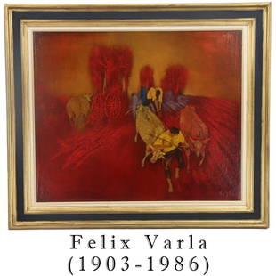 Felix Varla (1903-1986) O/C Figural Farm Painting: Felix Varla (1903-1986) O/C Figural Farm Painting (1903-1986) O/C Figural Farm Painting.A 1959 newspaper in Montreal, giving a description of his works being shown at the time in a local gallery,