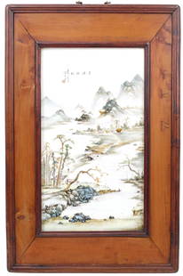 Important Rare Wang Yeting Porcelain Plaque: Important Rare Wang Yeting Porcelain Plaque. Famille Rose, under glazed, porcelain painting. The inscription at the top left corner reads: "Sailing Along on a Distant River", reading from right to