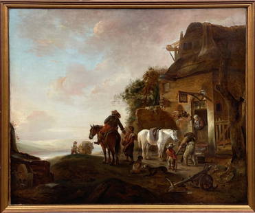 17th C Dutch Old Master Painting Attr Dirk Stoop: 17th Century Dutch Old Master Painting Attributed to Dirk Stoop (1610-1686) Netherlands. Travelers outside an Inn. Oil on Canvas. Provenance: Dr. Roberto Crea. Overall Size: 42 1/2 x 36 in. Sight