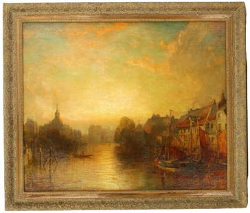 George Herbert McCord (1848-1909) USA, Oil/Canvas: George Herbert McCord (1848-1909) American, Oil on Canvas. Amsterdam Harbor at sunset. Signed in the lower right. Provenanc: Dr. Roberto Crea, Hillsborough, CA. Overall Size: 30 x 35 in. Sight Size: