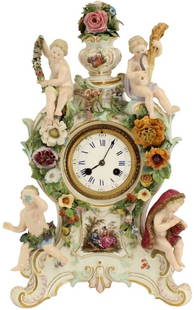 19th Century Meissen Porcelain Figural Clock: 19th Century Meissen Porcelain Figural Clock. Four putti and flower swags surround the white enamel dial with Roman Numerals surmounted with a vase of flowers. Marked. Size: 9 1/2 x 6 x 15 in.