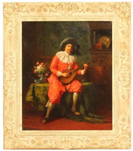 Camillo Innocenti (1871-1961) Italian, Oil/Canvas: Camillo Innocenti (1871-1961) Italian, Oil on Canvas. A cavalier playing a mandolin. Signed lower right. Provenance: Dr. Roberto Crea, Hillsborough, CA. Overall Size: 31 3/4 x 28 in. Sight Size: 23