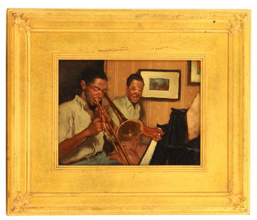Joseph Lorusso, (1966-Present) O/C Musical Scene: Joseph Lorusso, (1966-Present) Oil/Canvas. Trombone / Piano Subject Matter. A warm jazz scene by Kansas City based artist Joseph Lorusso. Joseph was born in Chicago, Illinois, in 1966 and received his