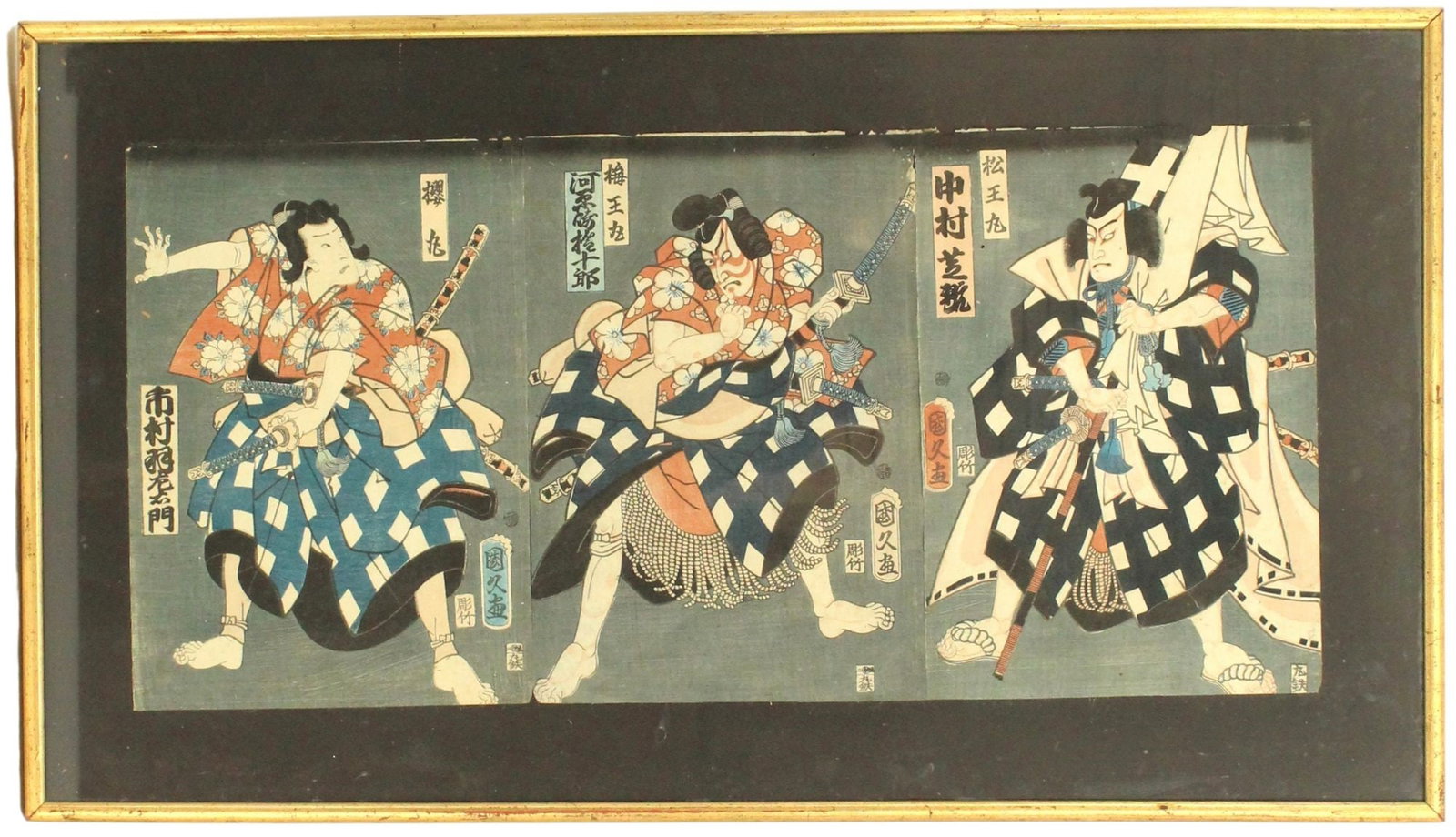 Triptych Japanese Woodblock of Samuraii Warriors: Triptych Japanese Woodblock of Samurai Warriors. Bought in Tokyo 1966. Overall Size: 35 x 20 in. Sight Size: 29 x 13 1/2 in. #1484