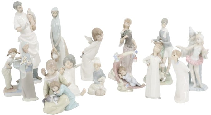 Group of (14) Lladro Figures & 1 KPM Figure: Group of (14) Lladro Figures & 1 KPM FigureMarked on underside. Size: 5 x 4 x 14 1/2 in. Largest. #4950