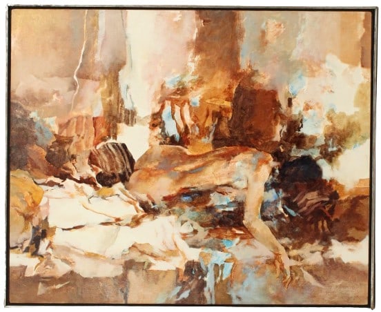 William Aiken (B 1934) USA, O/C of Reclining Nude: William Aiken (B 1934) USA, oil on canvas entitled "Reclining Figure in Brown". Signed in upper left from 1976. Abstract scene depicting a nude figure with their back to the viewer. Overall Size: 37 1