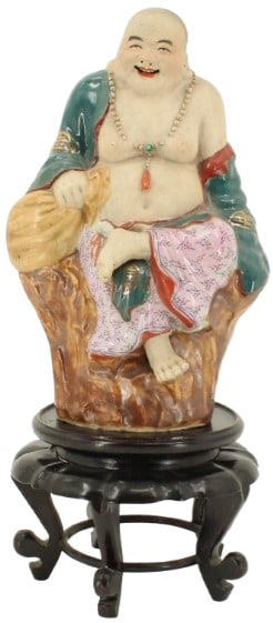 Porcelain Hand Painted Hotei Buddha Statue & Stand (1 of 20)